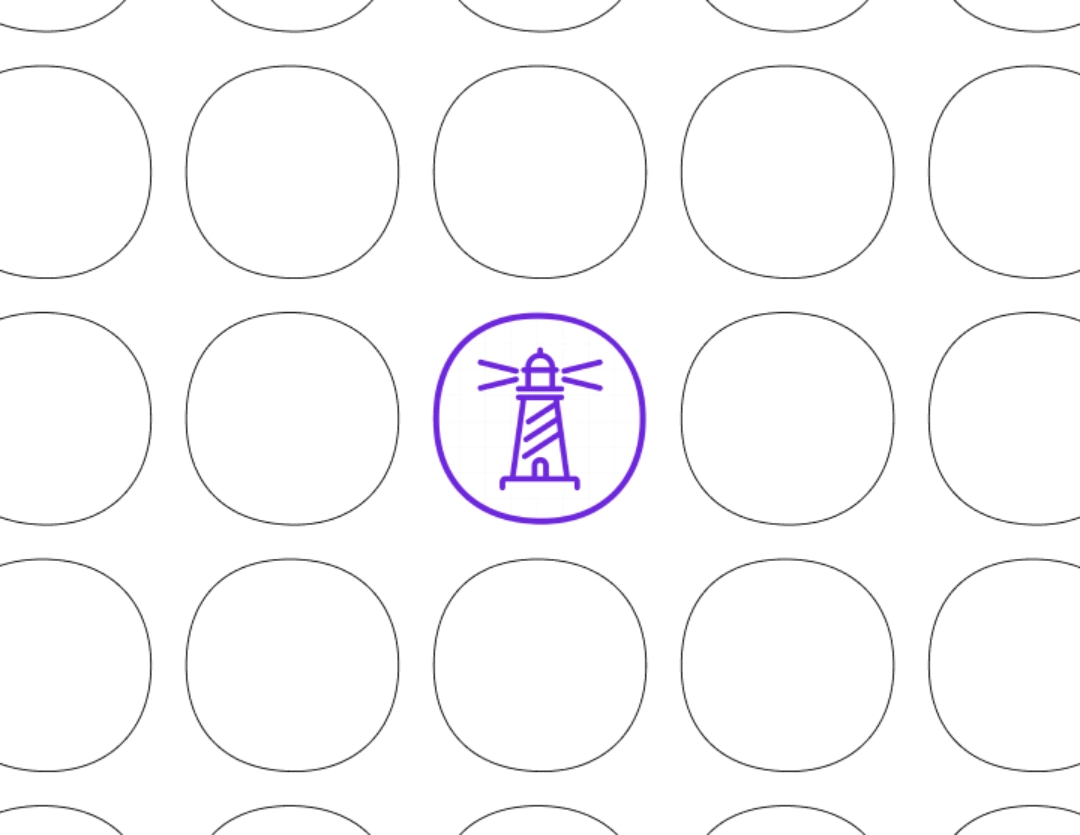 Purple lighthouse in a purple circle surrounded by grey circles