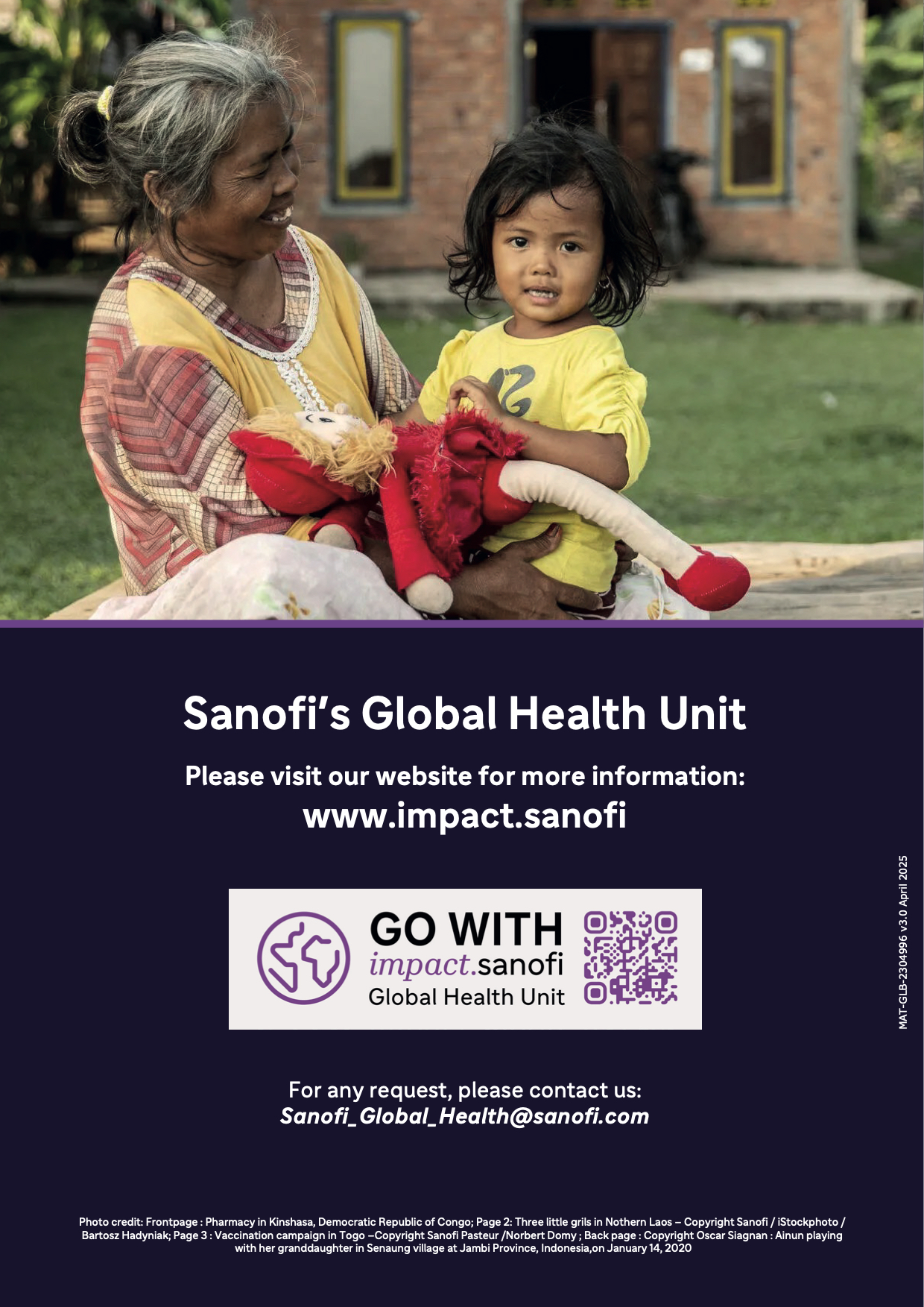 Back cover of Sanofi Flipbook with woman smiling at a child