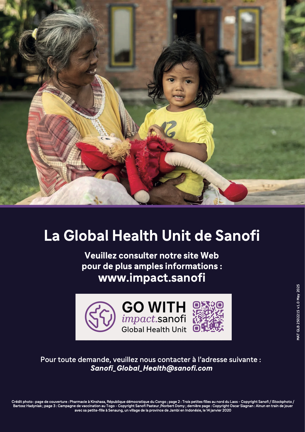 Back cover of Sanofi Flipbook with woman smiling at a child