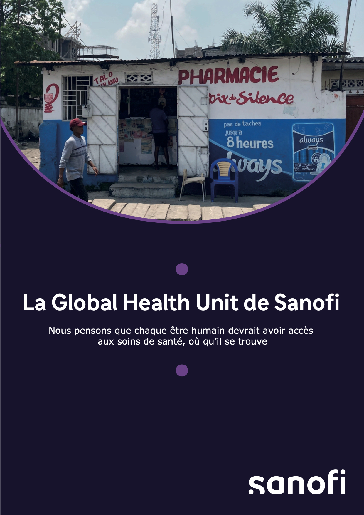 Front cover of Sanofi Impact Flipbook with a pharmacy building.