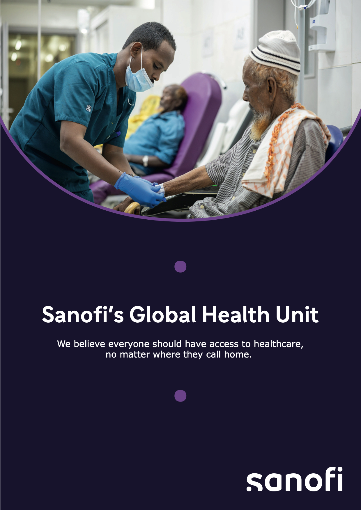 Передняя обложка флипбука Sanofi Impact с изображением здания аптеки.