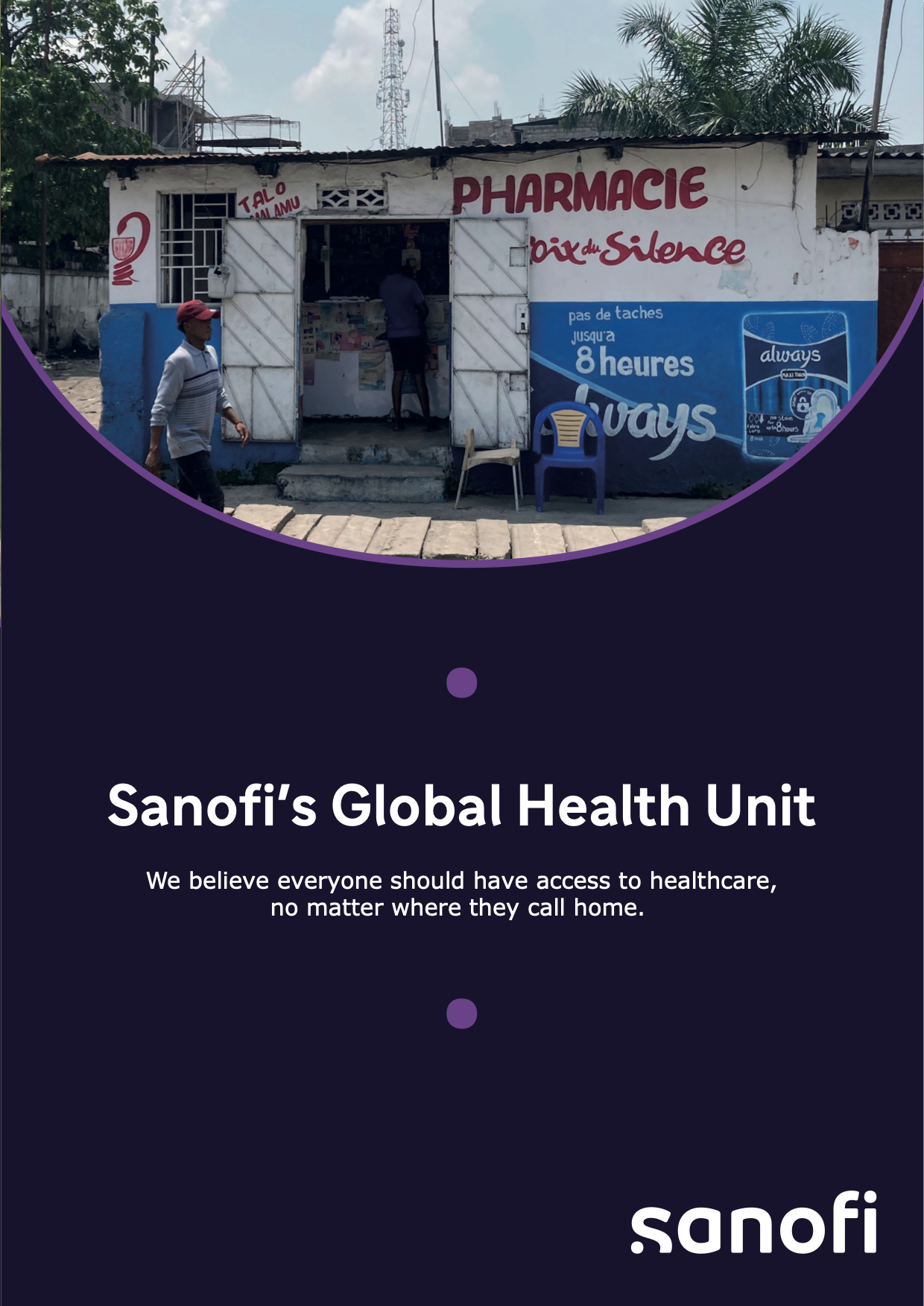 Front cover of Sanofi Impact Flipbook with a pharmacy building.